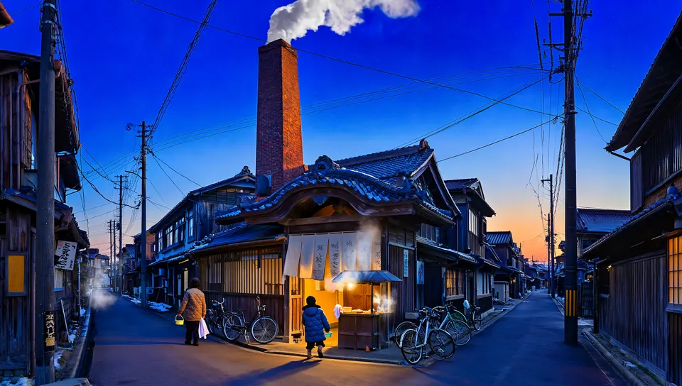 冬の夕暮れ、高い煙突の銭湯と、洗面器を抱えてのれんをくぐる人たち