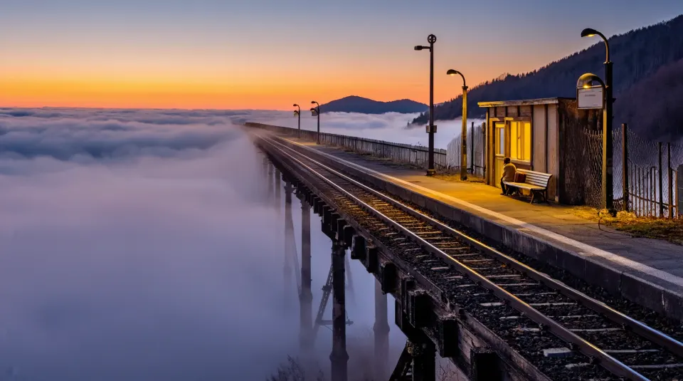 雲海の上にぽつんとある小さな鉄道駅とホーム