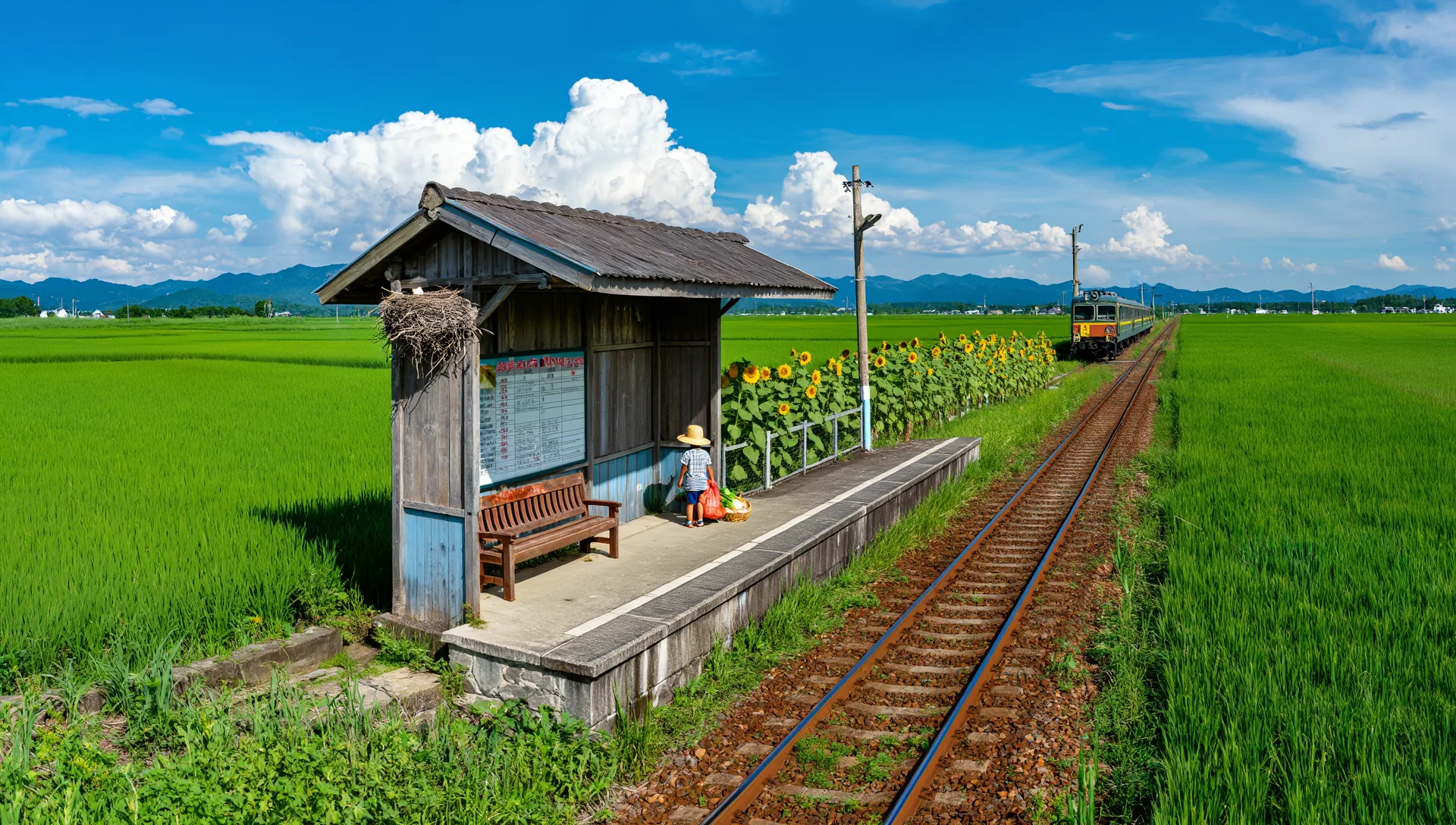 青い田んぼの中の小さな駅のホームと木の待合室、夏の空