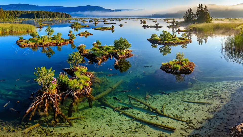 澄んだ湖に、草と低い木をのせた浮き島がいくつも漂う朝の風景