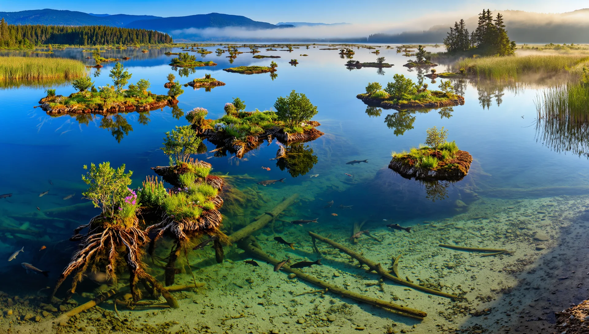 澄んだ湖に、草と低い木をのせた浮き島がいくつも漂う朝の風景