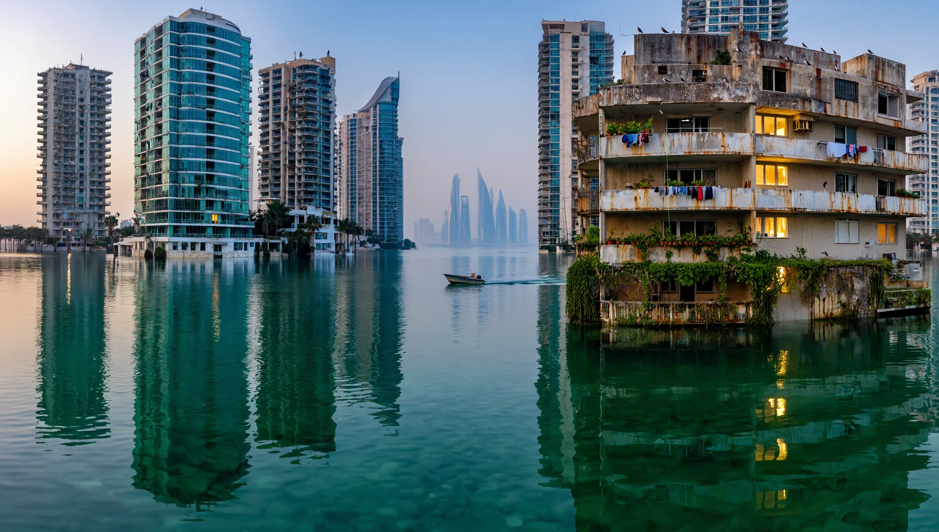 低い階が海に沈んだタワーマンションの群れと、上の階に残る灯り