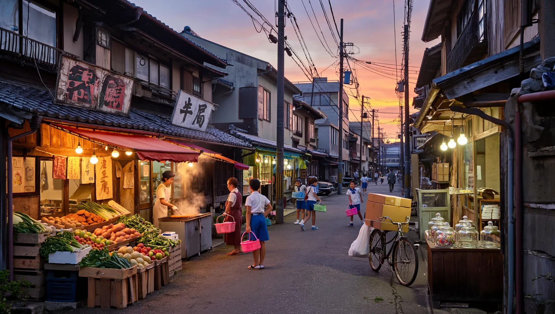 夕暮れの昔ながらの商店街に灯がともり、買い物の人と自転車が行き交う