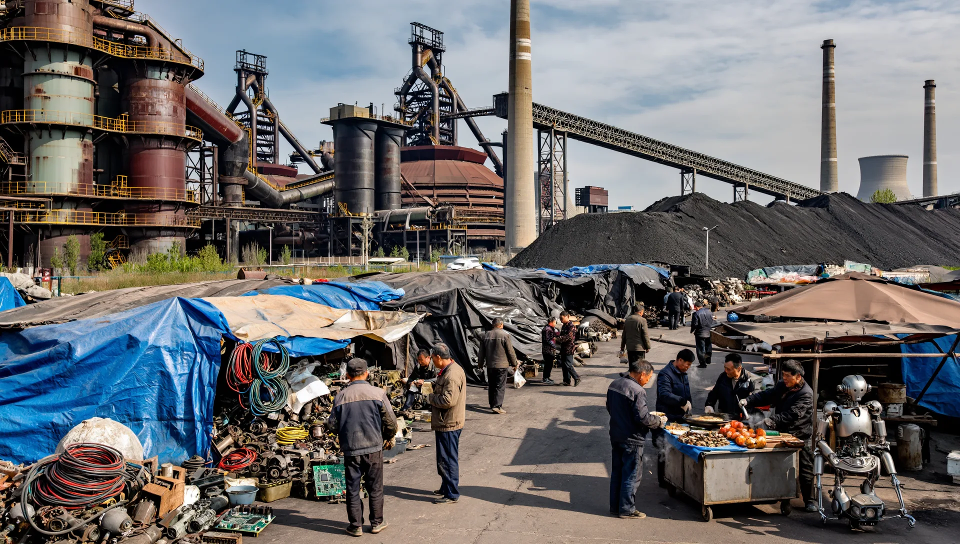止まった製鉄所とぼた山の下に開かれた部品の市