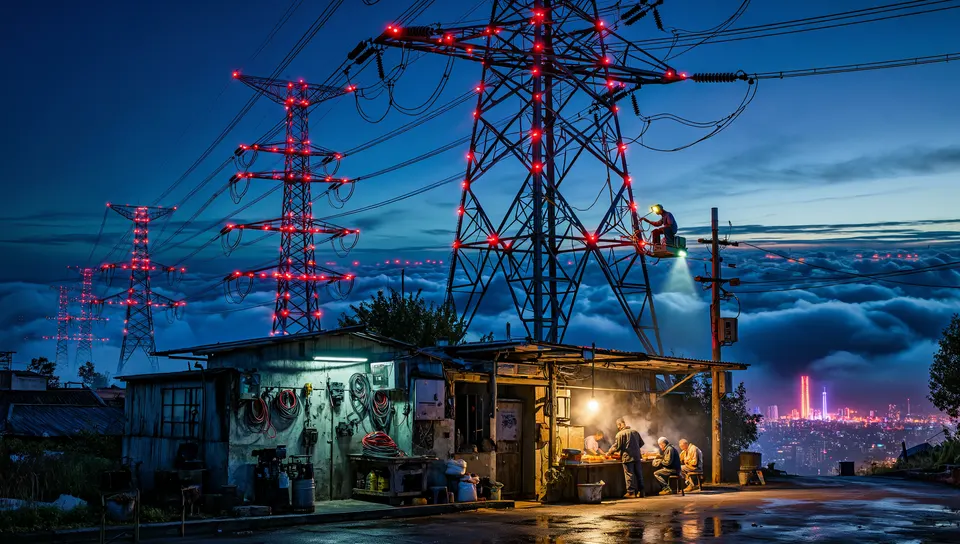 夜、巨大な送電鉄塔の列の足もとに広がる保守の町と、屋台の灯り