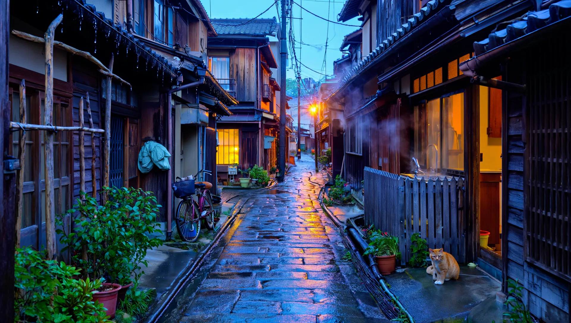 雨あがりの夜の細い路地、濡れた石畳に映る窓の灯り