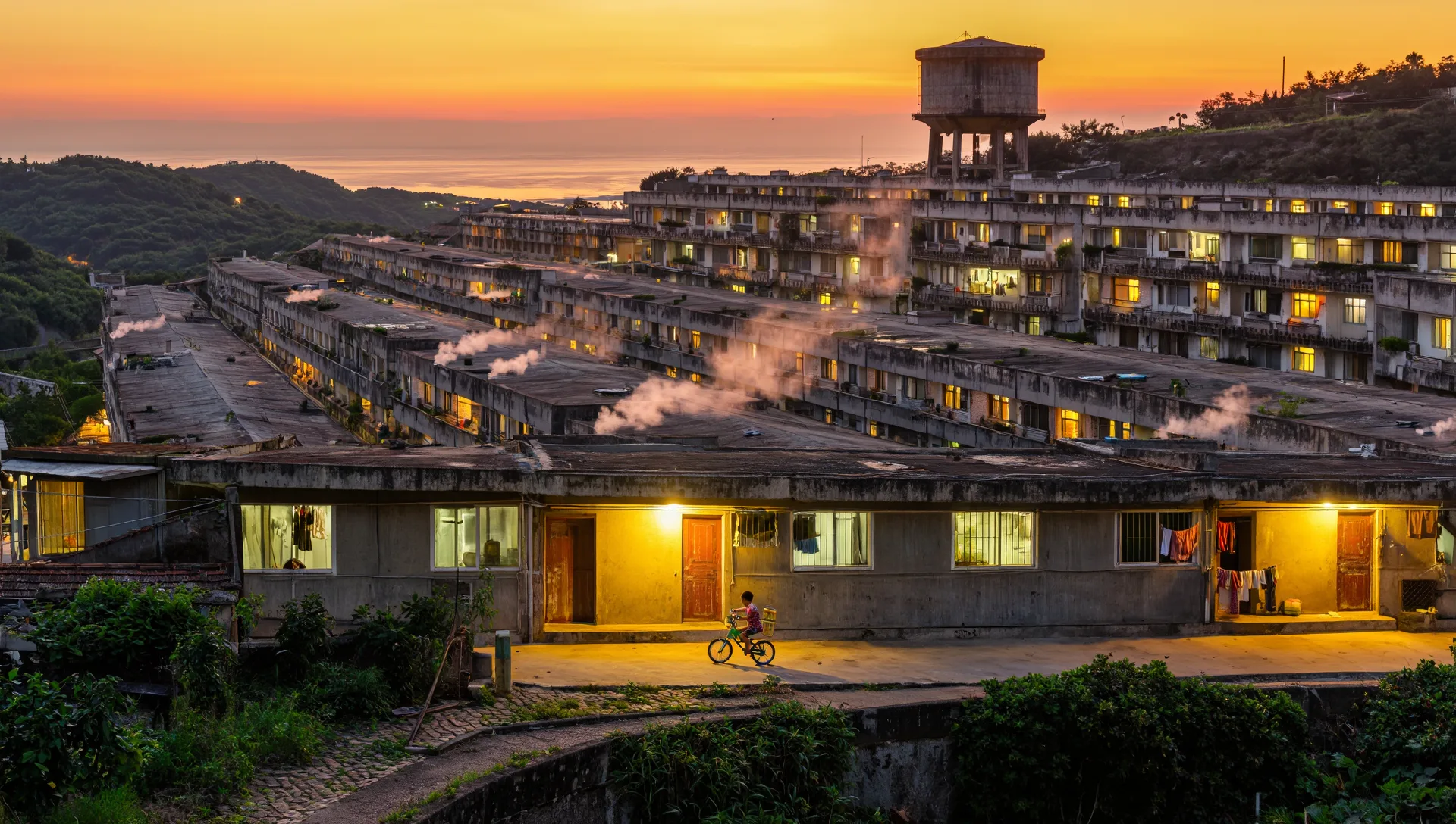 夕方の団地の台所の窓と、夕飯のにおいが流れる棟のあいだ
