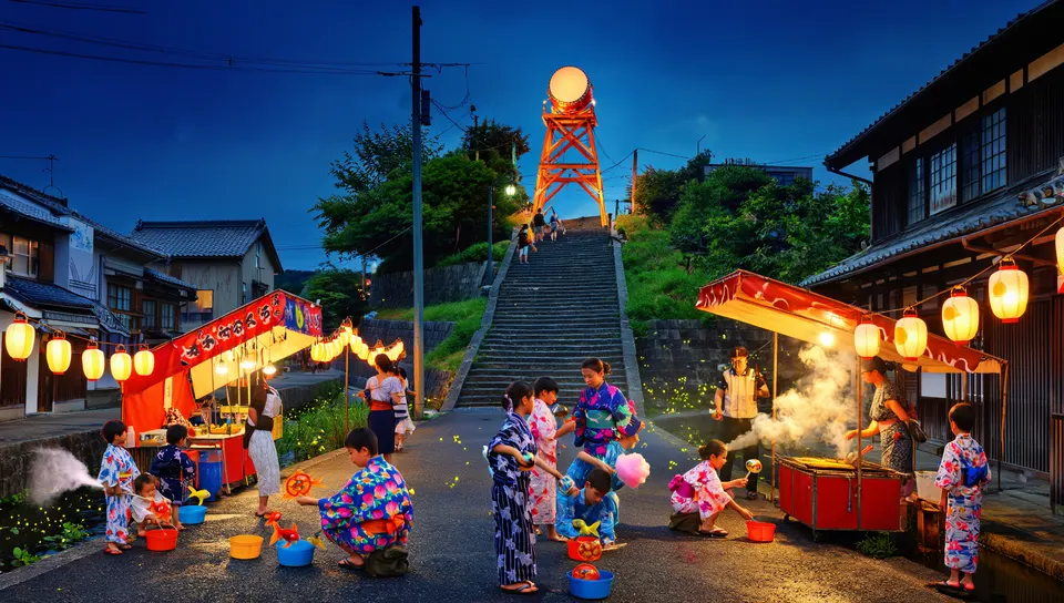 提灯の灯る坂道の夜店と、浴衣の子どもたち